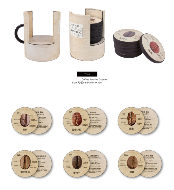 Set of wooden coffee bean coasters with packaging on a white background