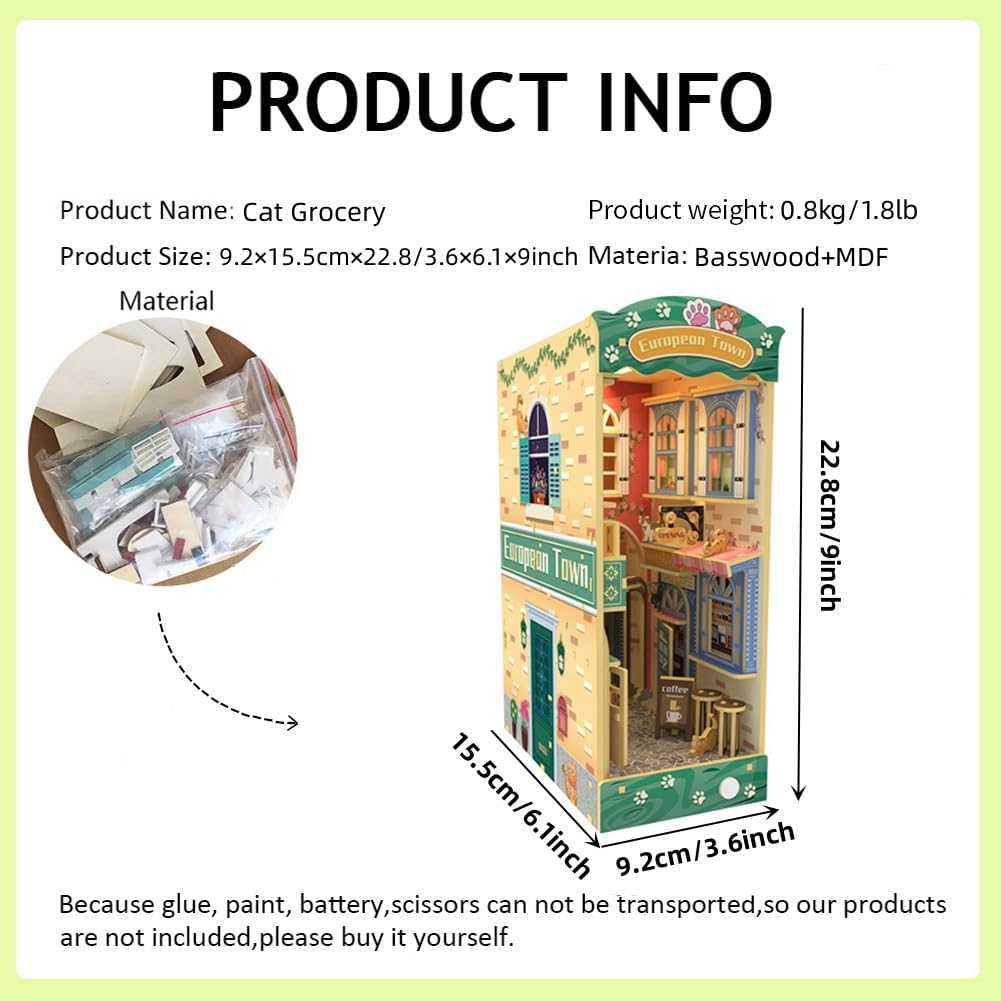 3D Wooden Book Stand Puzzle DIY Dollhouse Wood Bookends Book Nook Model Building Kit with LED Light for Teens and Adults to Build-Creativity Gift for Birthdays (Cat Street)