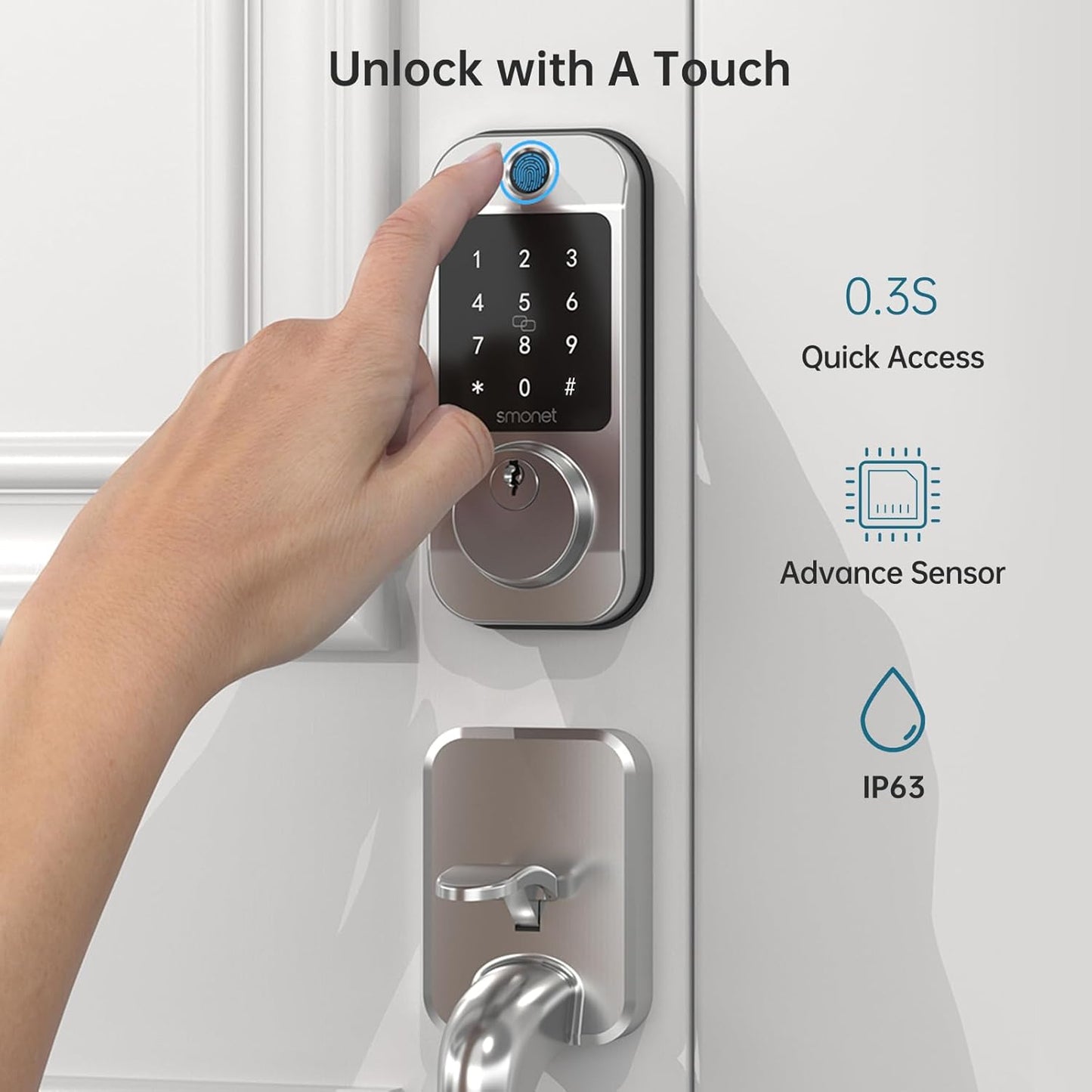 SMONET WiFi Front Door Lock Handle Set,Smart Keyless Entry Fingerprint Keypad Deadbolt & Alexa Compatible, Auto Lock,APP Remote Control for Home,Rental,Easy to Install Silver