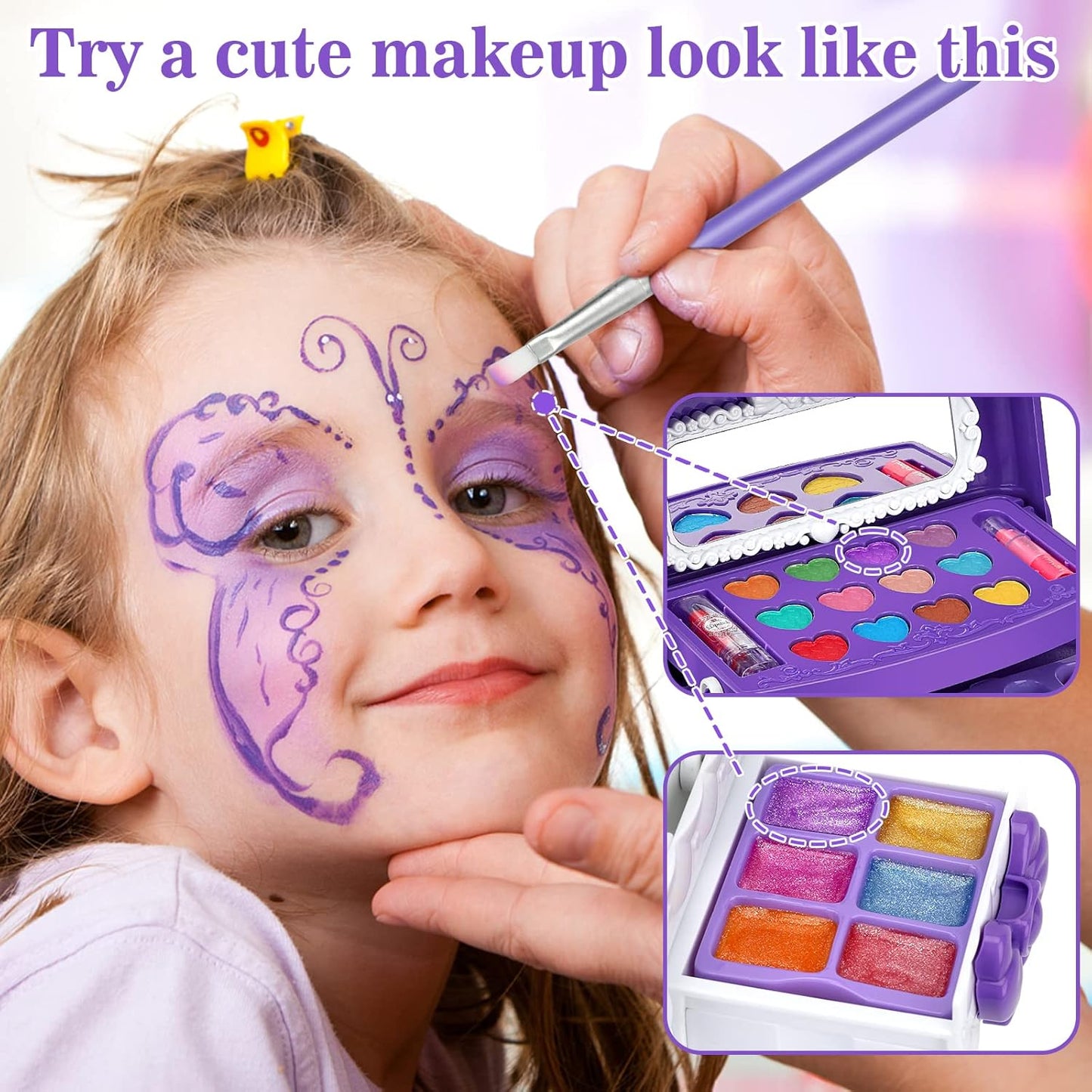 Teensymic Kids Makeup Kit for Girl Gifts, 54PCS Washable Little Girls Princess Make Up Toys for 4 5 6 7 8 9 Year Old Girl Birthday Gift (Purple)