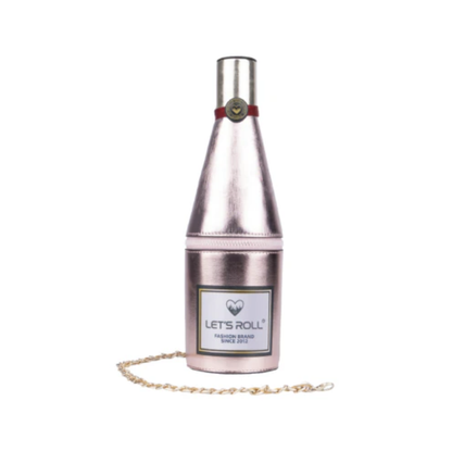 Silver bottle-shaped container with a chain on a white background