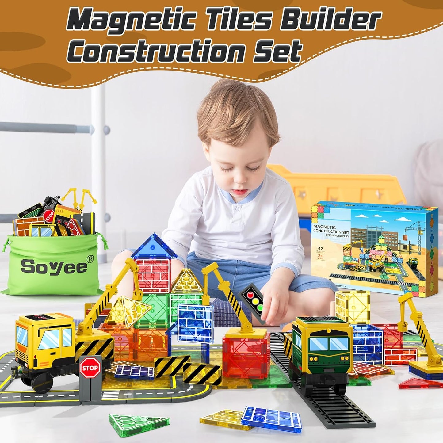 Magnetic Tiles 42pcs /Construction Set with 2 Cranes Boys Toys for Ages 3-5 5-7 8-10 Building Toys Includes Crane, Road Tracks, Train, Train Tracks, Dolls, Car Toy, Traffic Lights and Stations