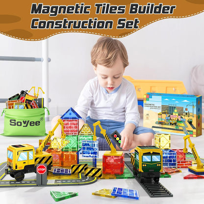 Magnetic Tiles 42pcs /Construction Set with 2 Cranes Boys Toys for Ages 3-5 5-7 8-10 Building Toys Includes Crane, Road Tracks, Train, Train Tracks, Dolls, Car Toy, Traffic Lights and Stations
