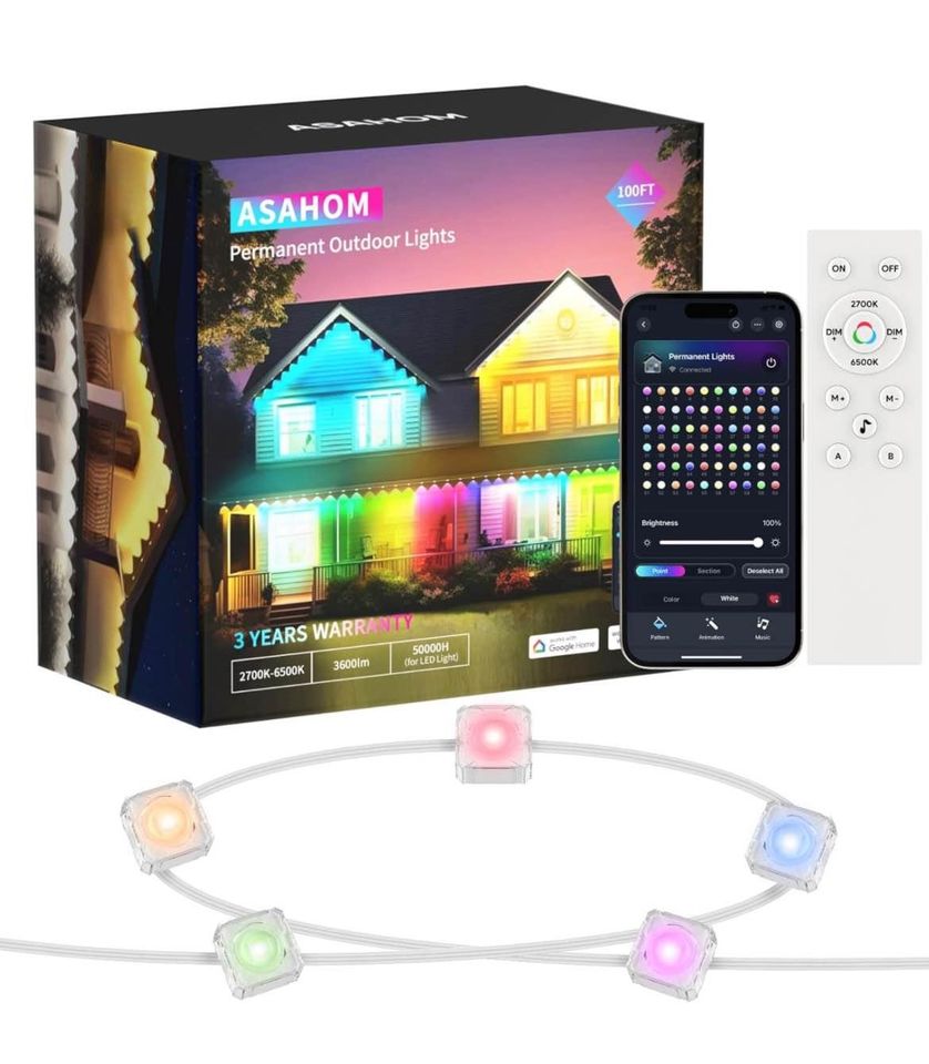 ASAHOM Permanent Outdoor Lights for House, 100ft with 60 RGBCW LED Smart Eave Lights, 3600lm Super Bright, IP67 Waterproof, 100 Scenes Modes for Halloween Christmas Party Daily Lighting, White