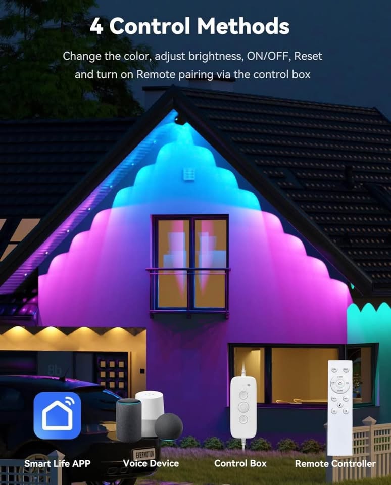 ASAHOM Permanent Outdoor Lights for House, 100ft with 60 RGBCW LED Smart Eave Lights, 3600lm Super Bright, IP67 Waterproof, 100 Scenes Modes for Halloween Christmas Party Daily Lighting, White