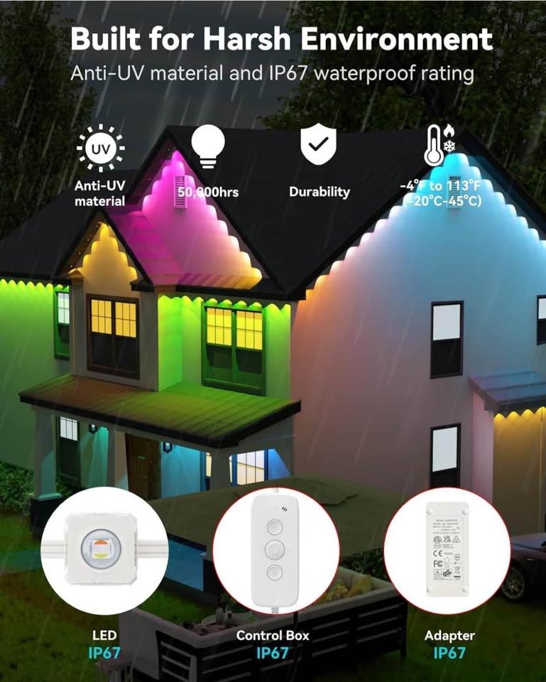 ASAHOM Permanent Outdoor Lights for House, 100ft with 60 RGBCW LED Smart Eave Lights, 3600lm Super Bright, IP67 Waterproof, 100 Scenes Modes for Halloween Christmas Party Daily Lighting, White