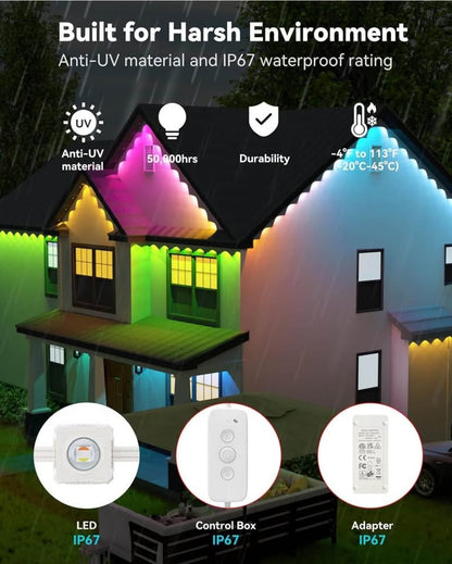 ASAHOM Permanent Outdoor Lights for House, 100ft with 60 RGBCW LED Smart Eave Lights, 3600lm Super Bright, IP67 Waterproof, 100 Scenes Modes for Halloween Christmas Party Daily Lighting, White