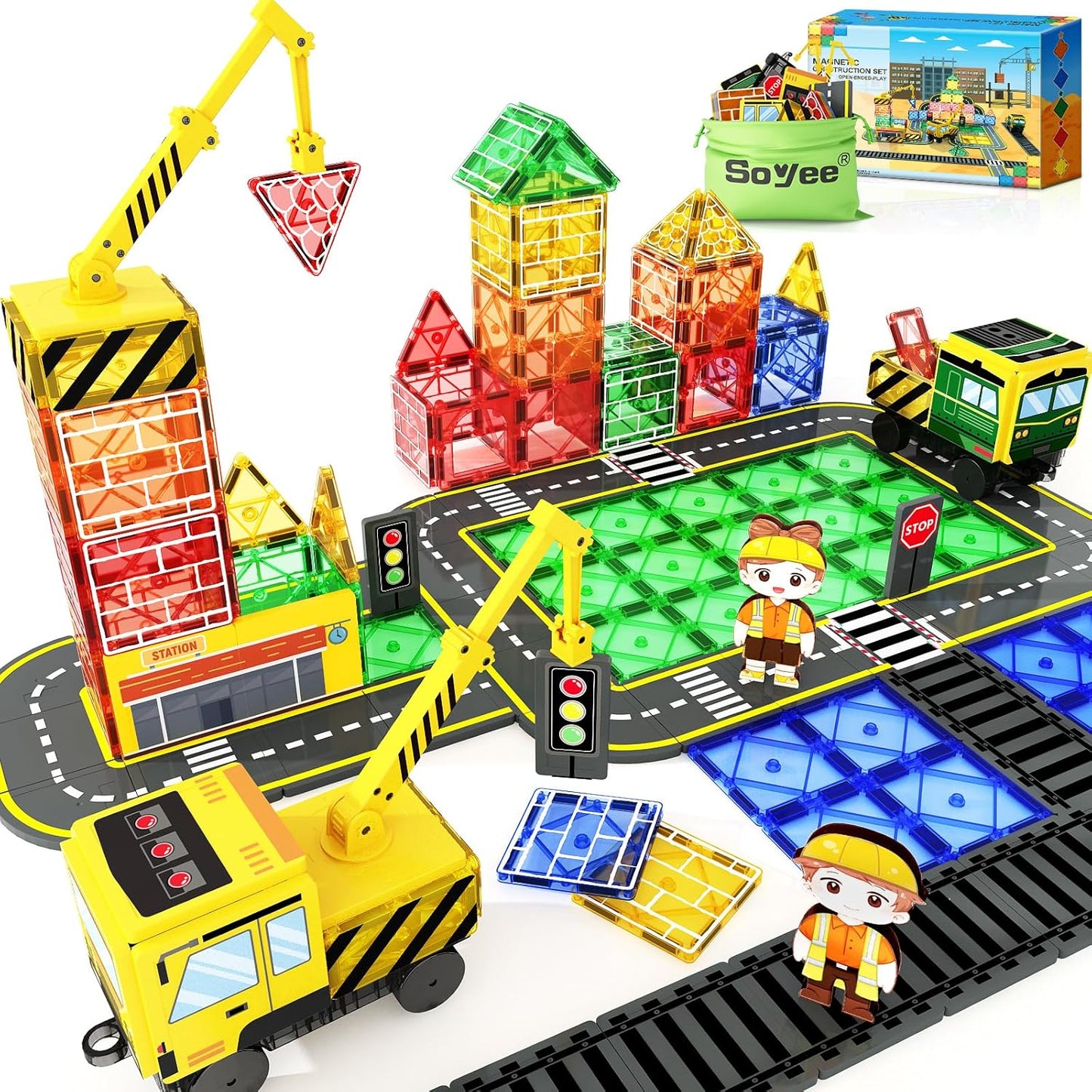 Magnetic Tiles 42pcs /Construction Set with 2 Cranes Boys Toys for Ages 3-5 5-7 8-10 Building Toys Includes Crane, Road Tracks, Train, Train Tracks, Dolls, Car Toy, Traffic Lights and Stations
