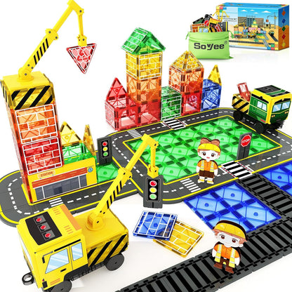 Magnetic Tiles 42pcs /Construction Set with 2 Cranes Boys Toys for Ages 3-5 5-7 8-10 Building Toys Includes Crane, Road Tracks, Train, Train Tracks, Dolls, Car Toy, Traffic Lights and Stations