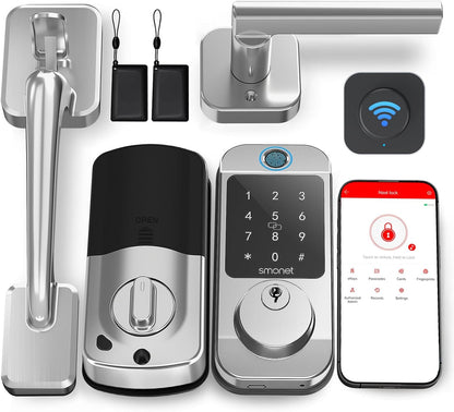 SMONET WiFi Front Door Lock Handle Set,Smart Keyless Entry Fingerprint Keypad Deadbolt & Alexa Compatible, Auto Lock,APP Remote Control for Home,Rental,Easy to Install Silver