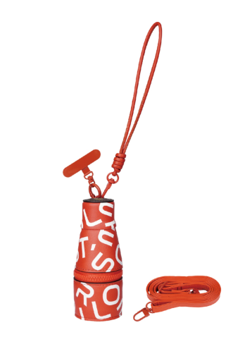 Red lanyard with a small pouch featuring text on a white background