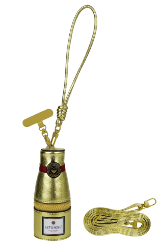 Decorative bottle with gold accents and a string on a white background