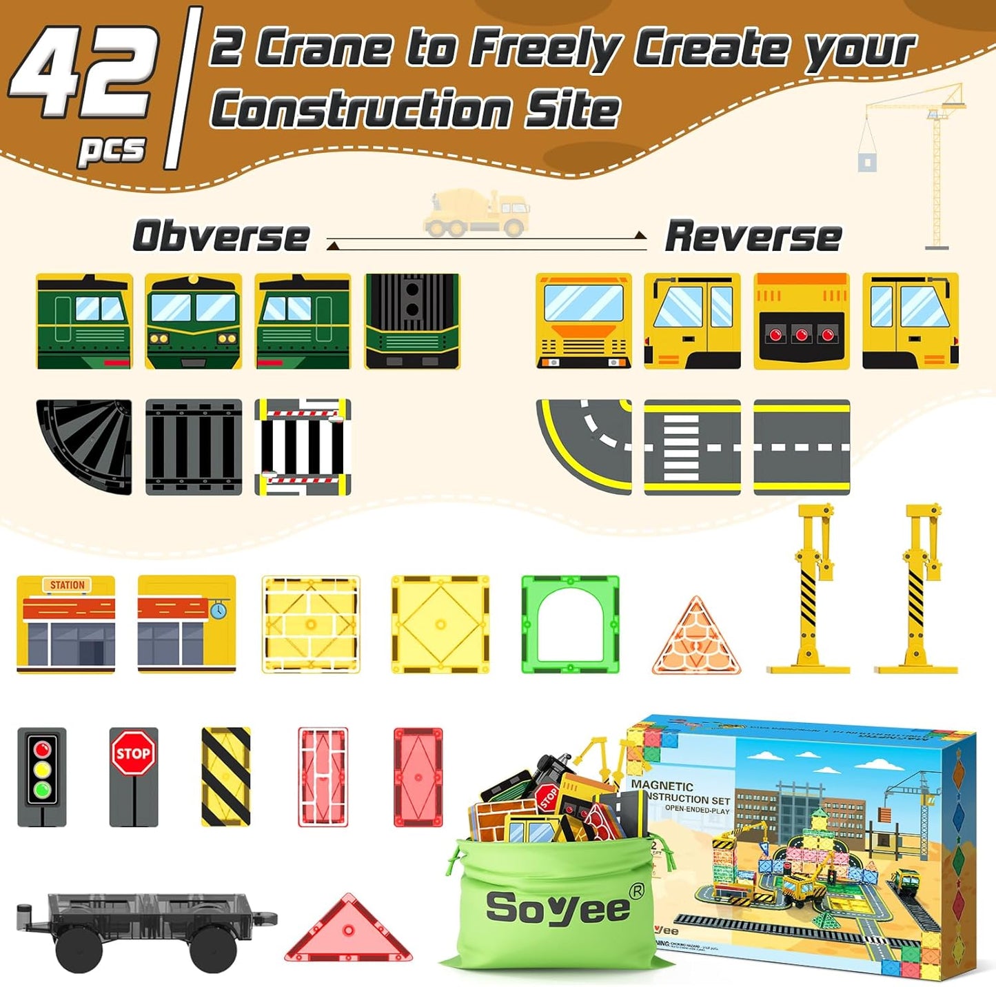 Magnetic Tiles 42pcs /Construction Set with 2 Cranes Boys Toys for Ages 3-5 5-7 8-10 Building Toys Includes Crane, Road Tracks, Train, Train Tracks, Dolls, Car Toy, Traffic Lights and Stations
