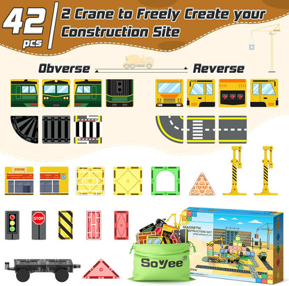 Magnetic Tiles 42pcs /Construction Set with 2 Cranes Boys Toys for Ages 3-5 5-7 8-10 Building Toys Includes Crane, Road Tracks, Train, Train Tracks, Dolls, Car Toy, Traffic Lights and Stations