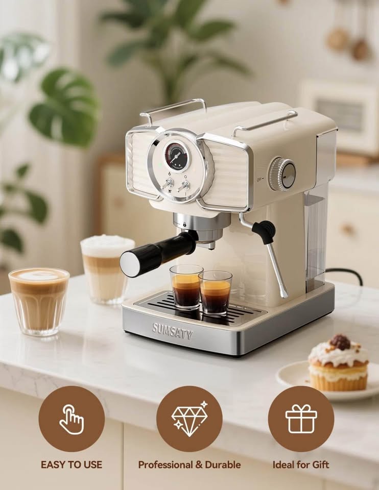 SUMSATY Espresso Machines 20 Bar, Professional Espresso Maker with Milk Frother Steamer Wand, Espresso Coffee Machine Off-white, Cappuccino & Latte Machine for Home, Retro, 1.8L Removable Water Tank