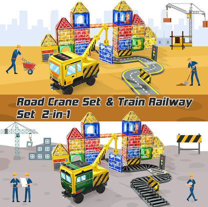 Magnetic Tiles 42pcs /Construction Set with 2 Cranes Boys Toys for Ages 3-5 5-7 8-10 Building Toys Includes Crane, Road Tracks, Train, Train Tracks, Dolls, Car Toy, Traffic Lights and Stations