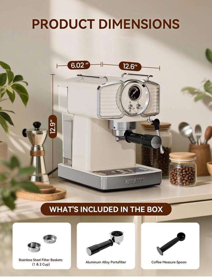 SUMSATY Espresso Machines 20 Bar, Professional Espresso Maker with Milk Frother Steamer Wand, Espresso Coffee Machine Off-white, Cappuccino & Latte Machine for Home, Retro, 1.8L Removable Water Tank