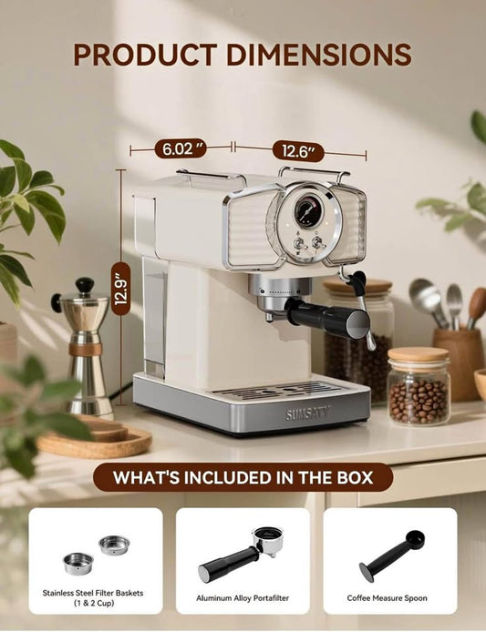 SUMSATY Espresso Machines 20 Bar, Professional Espresso Maker with Milk Frother Steamer Wand, Espresso Coffee Machine Off-white, Cappuccino & Latte Machine for Home, Retro, 1.8L Removable Water Tank