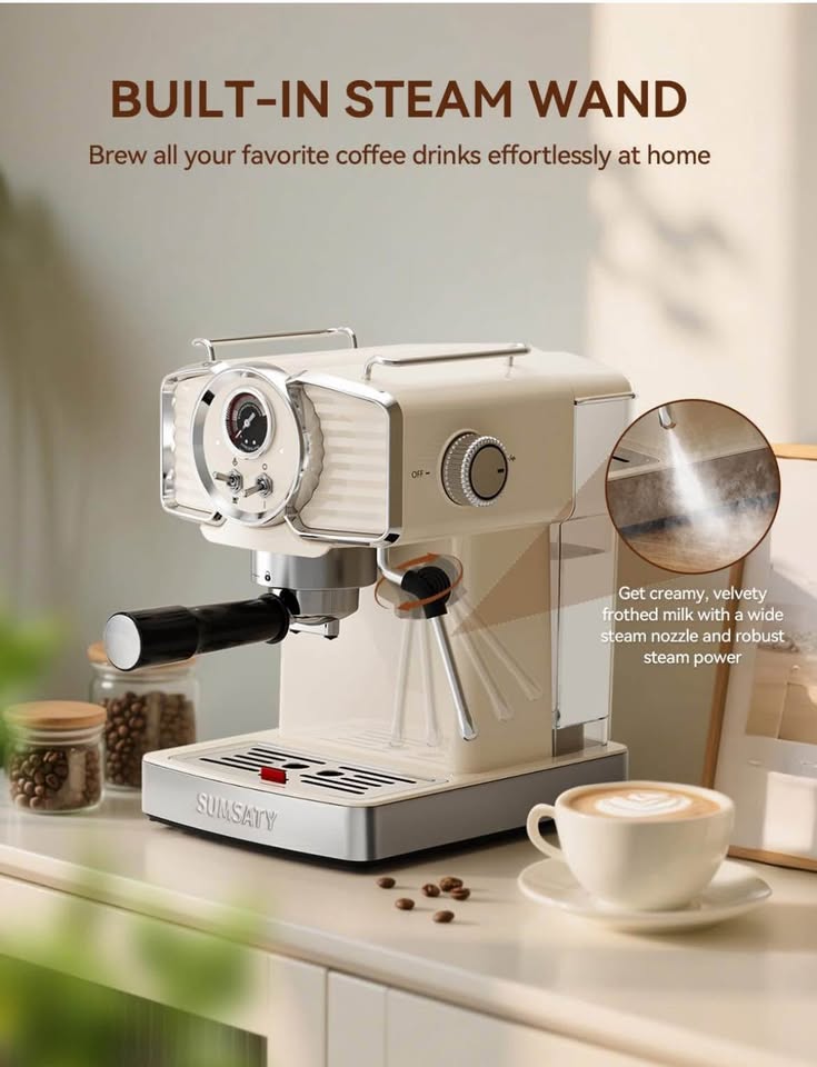 SUMSATY Espresso Machines 20 Bar, Professional Espresso Maker with Milk Frother Steamer Wand, Espresso Coffee Machine Off-white, Cappuccino & Latte Machine for Home, Retro, 1.8L Removable Water Tank
