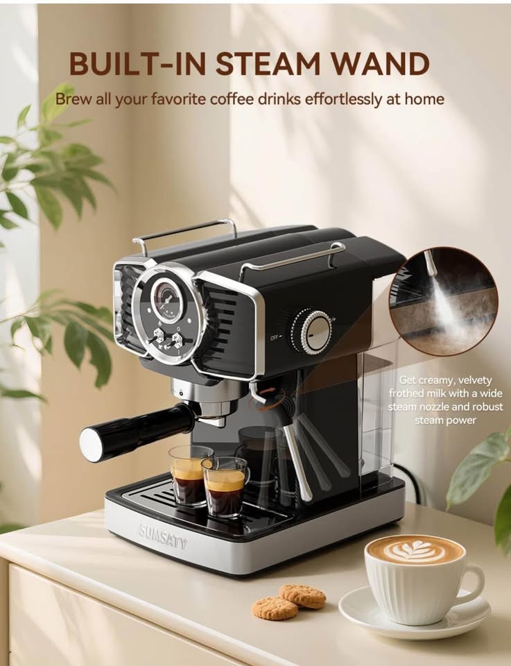 SUMSATY Espresso Machines 20 Bar, Professional Espresso Maker with Milk Frother Steamer Wand, Espresso Coffee Machine Off-white, Cappuccino & Latte Machine for Home, Retro, 1.8L Removable Water Tank