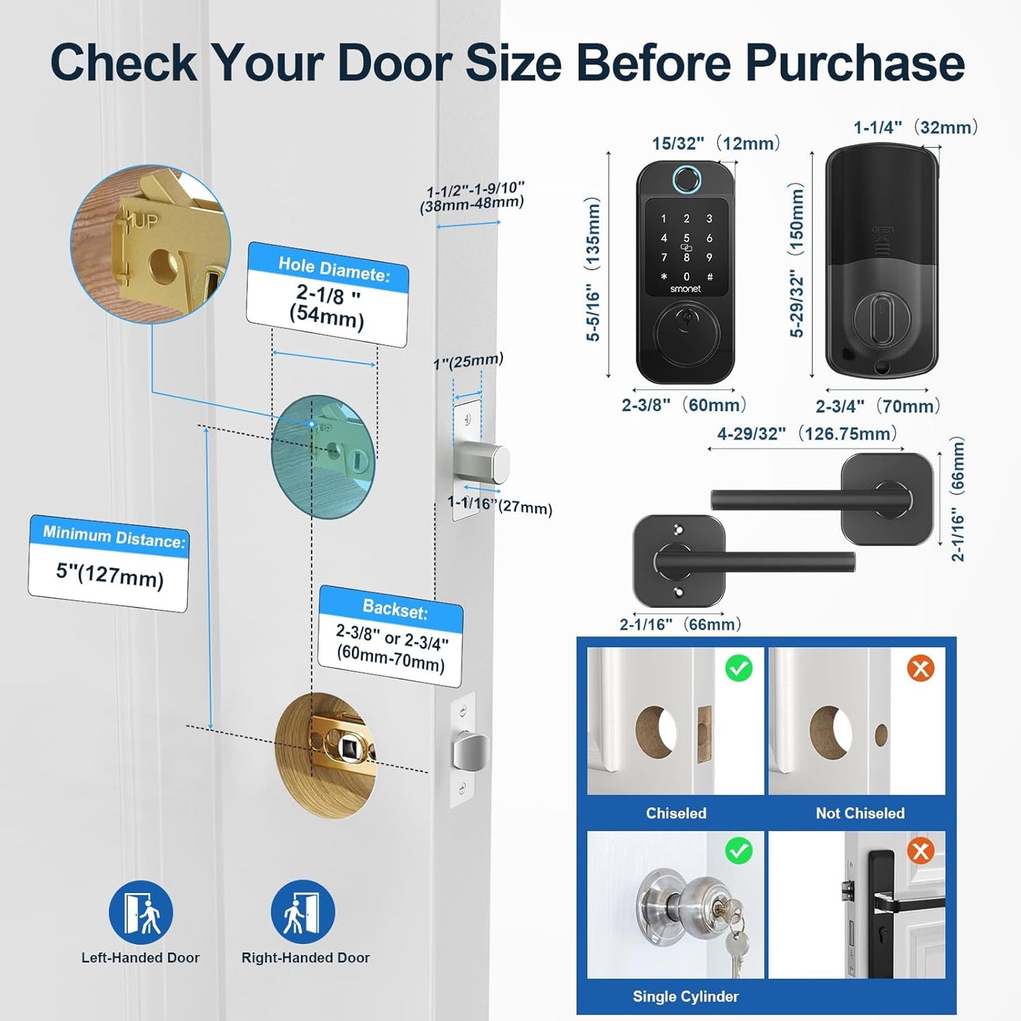 SMONET Fingerprint Smart Locks for Front Door, Keypad Deadbolt Bluetooth Digital Lock Set Work with Alexa, App Remote Control, Auto Lock for Home
