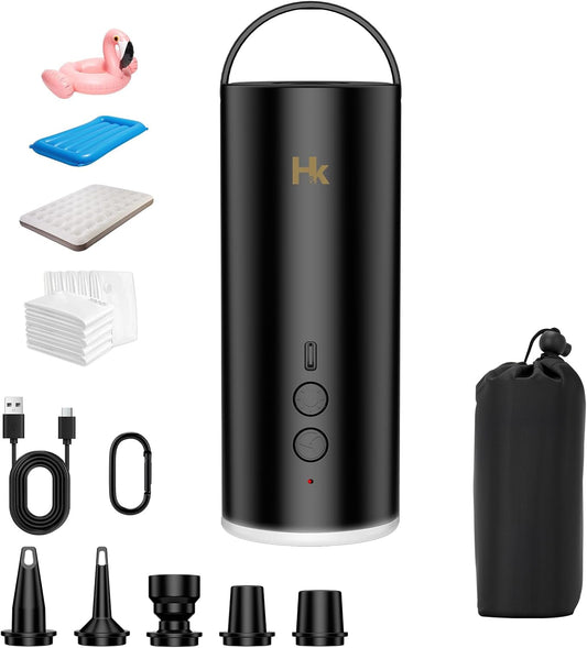 HK Newly Upgraded Air Pump with Light, Portable Electric Camping Pump with Storage Bag, Cordless Type-C Rechargeable, Quickly Inflate Deflate for Camping, Inflatable Toys, Pool Floats Boats, Bed