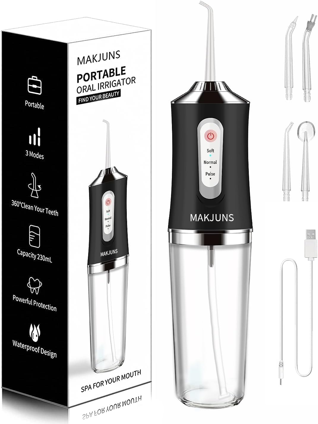 Water-Flosser-Cordless-Teeth-Cleaner Somall Water Dental Flosser with 3 Modes 4 Jets Rechargeable IPX7 Waterproof for Travel Home Braces(Black)