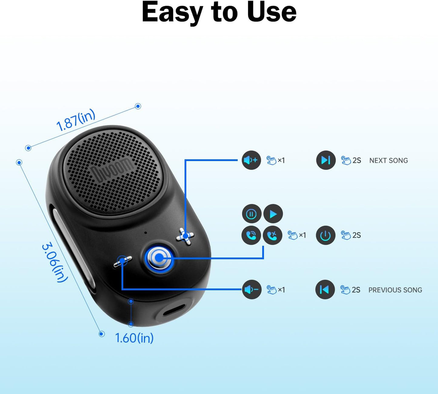Divoom Itour-S Wearable Bluetooth Speaker, IP67 Waterproof Dustproof, Portable Small Clip-On Bluetooth Speaker, 10H Playtime, for Kitchen, Work, Travel, Biking, Golf, Pool
