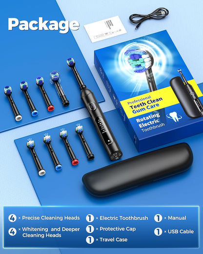 Rotating Electric Toothbrush for Adults with 8 Brush Heads (2 Types), 4 Modes Deep Clean Electric Toothbrush with Rechargeable Power and 2 Min Smart Timer (Black, 2- with travalcase)