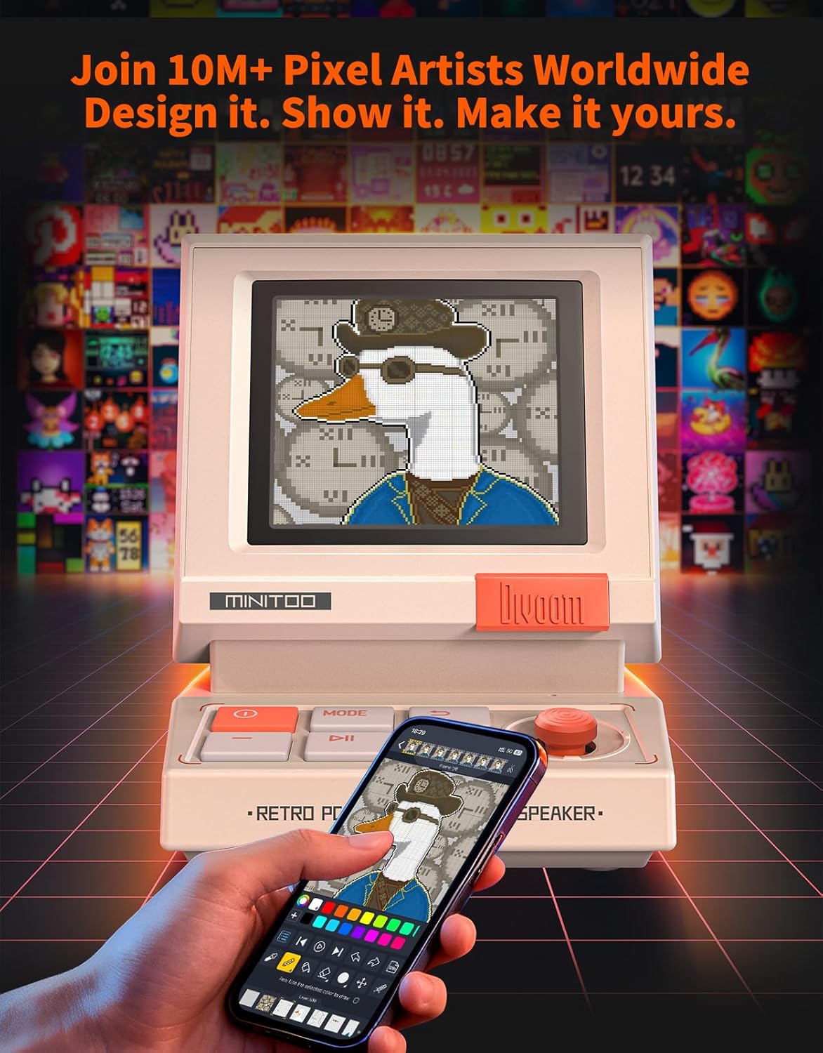 Divoom MiniToo Retro Pixel Bluetooth Computer Speaker – 90s-Inspired PC Design,App Control, Alarm, White Noise, Retro Desk Speaker for Music, Room Deco