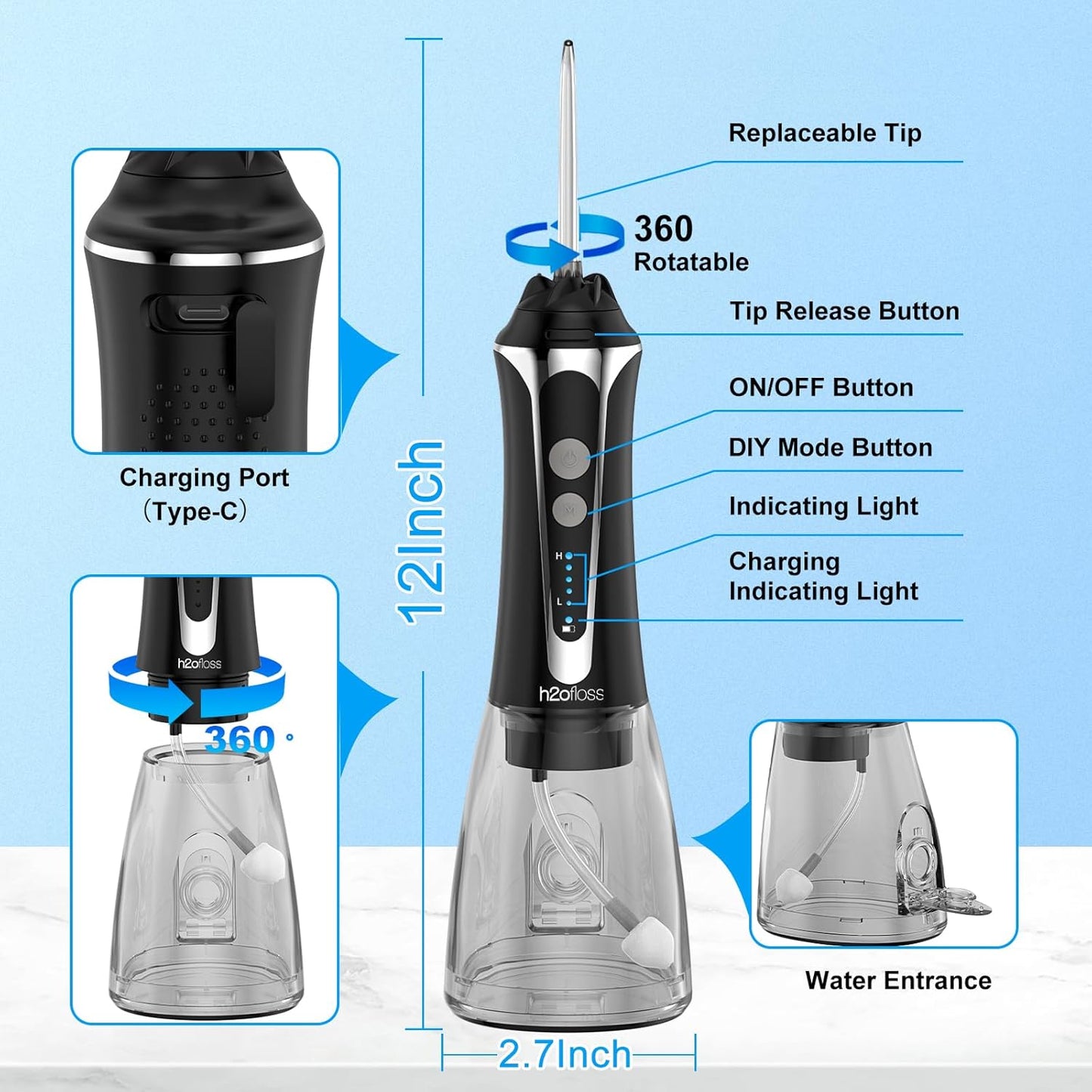 Water Dental Flosser Pick for Teeth, H2ofloss 5 Modes Cordless Dental Oral Irrigator with 300ML Water Tank, IPX7 Waterproof and Rechargeable Water Teeth Cleaner for Home Travel