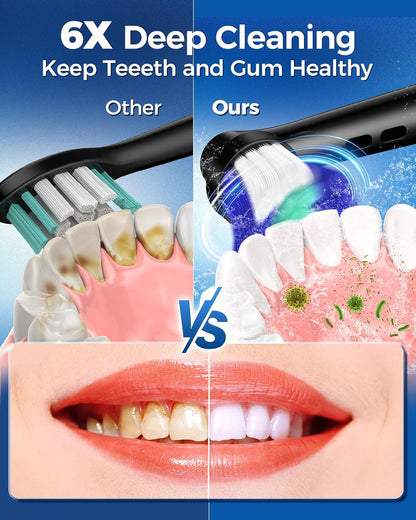 Rotating Electric Toothbrush for Adults with 8 Brush Heads (2 Types), 4 Modes Deep Clean Electric Toothbrush with Rechargeable Power and 2 Min Smart Timer (Black, 2- with travalcase)