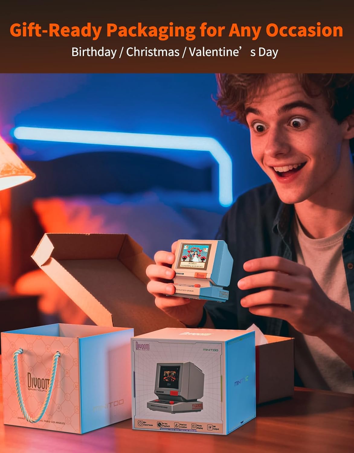 Divoom MiniToo Retro Pixel Bluetooth Computer Speaker – 90s-Inspired PC Design,App Control, Alarm, White Noise, Retro Desk Speaker for Music, Room Deco