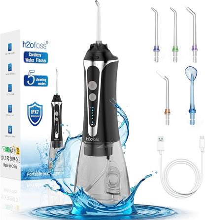 Water Dental Flosser Pick for Teeth, H2ofloss 5 Modes Cordless Dental Oral Irrigator with 300ML Water Tank, IPX7 Waterproof and Rechargeable Water Teeth Cleaner for Home Travel