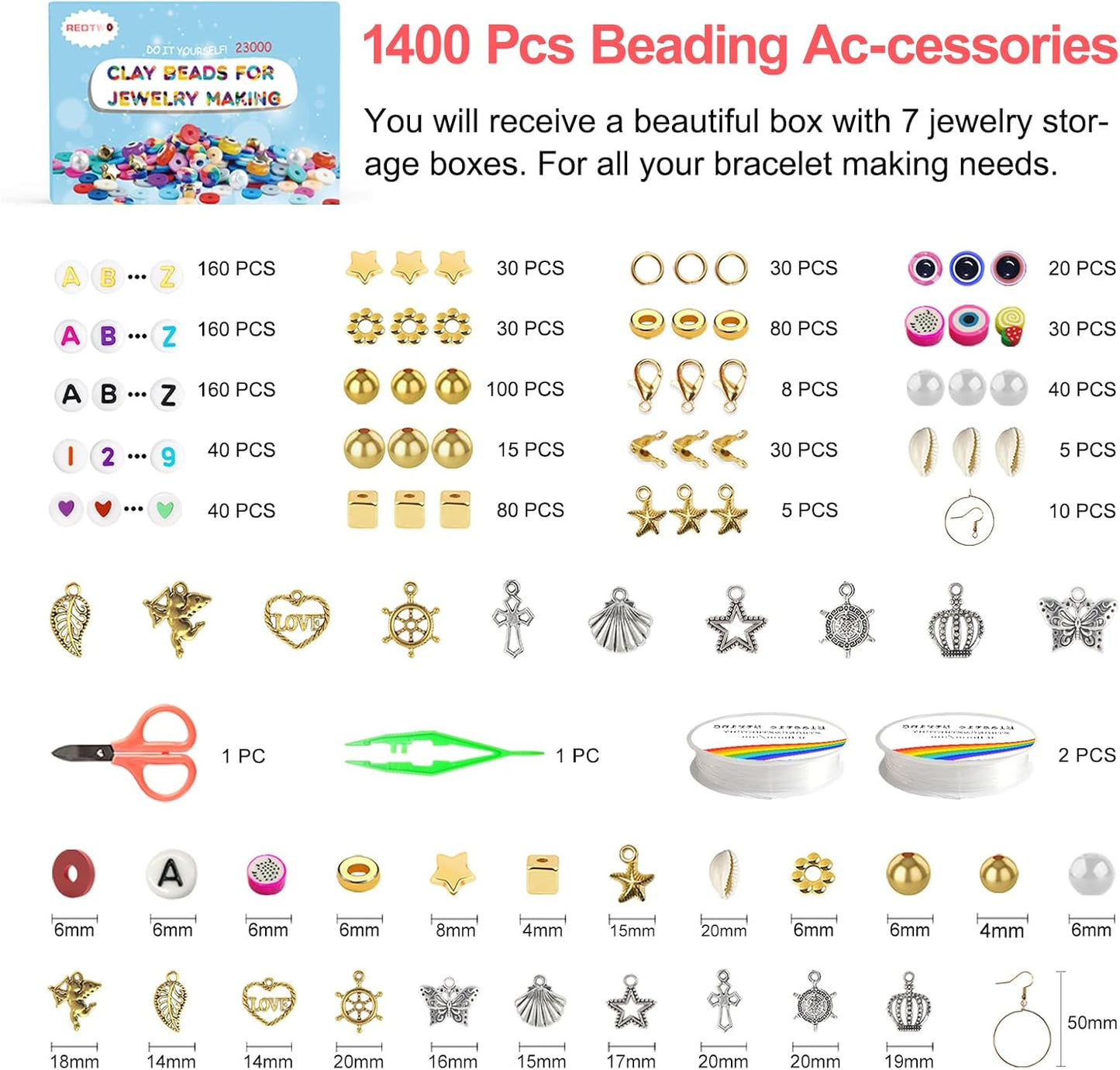 Redtwo 23000 Pcs Clay Beads Bracelet Making Kit, 144 Colors 7 Boxes Friendship Bracelet Kit Flat Polymer Heishi Beads for Jewelry Making, Gifts for Teen Girls Crafts for Girls Ages 6-12