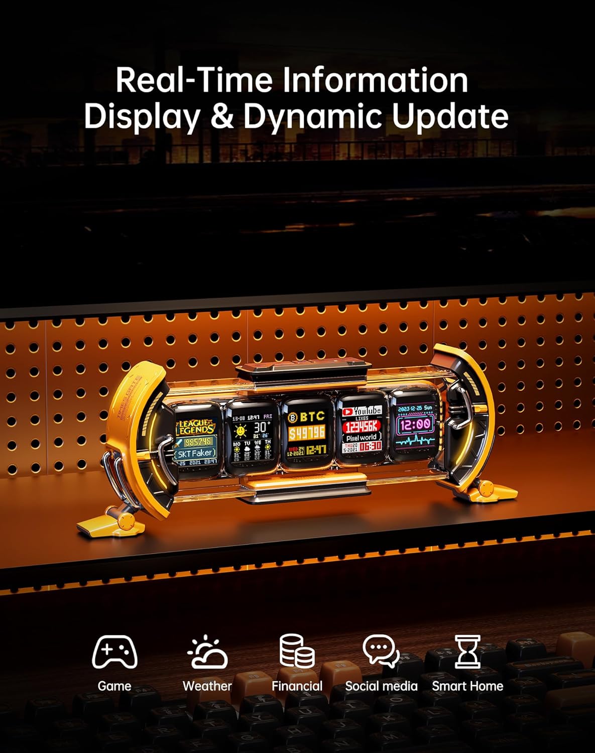 Divoom Times Gate - Cyberpunk Gaming Setup Digital Alarm Clock, Smart APP, WiFi Connect, RGB LED Display, Personalized Financial & Bitcoin Dashboard, Pixel Art for Gaming Room & Office Decor, Silver