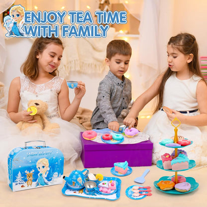 Frozen Tea Party Set for Little Girls/50 Pieces Children's Metal Tea Set with Ice and Snow Carry Case, Little Girls Tea Party Role Play, Tea Set Children's Tea Set with Dessert for Children Girls 3 4 5 6 7 8 Years