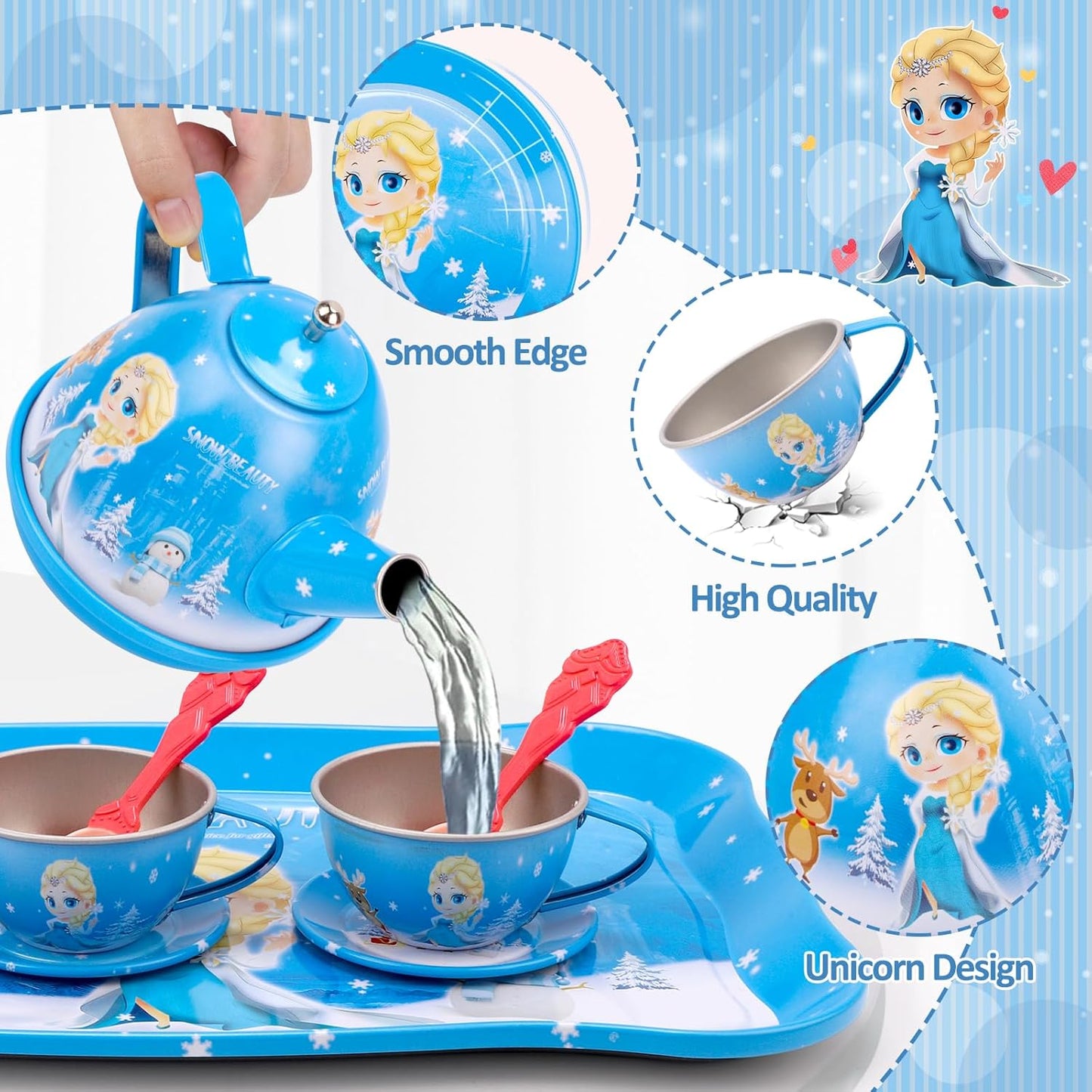 Frozen Tea Party Set for Little Girls/50 Pieces Children's Metal Tea Set with Ice and Snow Carry Case, Little Girls Tea Party Role Play, Tea Set Children's Tea Set with Dessert for Children Girls 3 4 5 6 7 8 Years