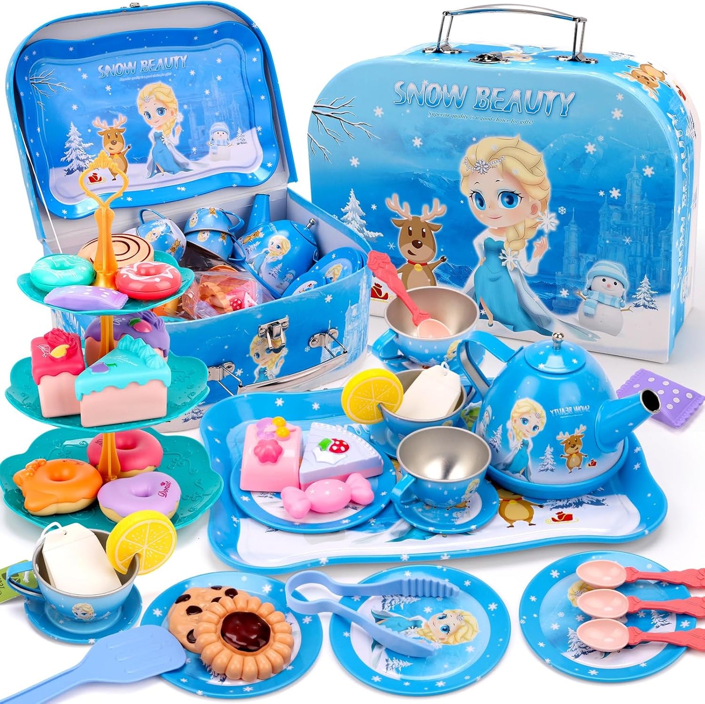 Frozen Tea Party Set for Little Girls/50 Pieces Children's Metal Tea Set with Ice and Snow Carry Case, Little Girls Tea Party Role Play, Tea Set Children's Tea Set with Dessert for Children Girls 3 4 5 6 7 8 Years