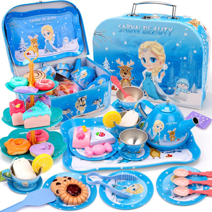 Frozen Tea Party Set for Little Girls/50 Pieces Children's Metal Tea Set with Ice and Snow Carry Case, Little Girls Tea Party Role Play, Tea Set Children's Tea Set with Dessert for Children Girls 3 4 5 6 7 8 Years