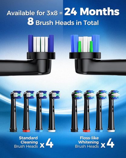 Rotating Electric Toothbrush for Adults with 8 Brush Heads (2 Types), 4 Modes Deep Clean Electric Toothbrush with Rechargeable Power and 2 Min Smart Timer (Black, 2- with travalcase)