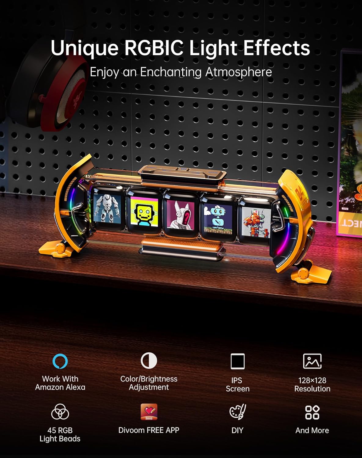 Divoom Times Gate - Cyberpunk Gaming Setup Digital Alarm Clock, Smart APP, WiFi Connect, RGB LED Display, Personalized Financial & Bitcoin Dashboard, Pixel Art for Gaming Room & Office Decor, Silver