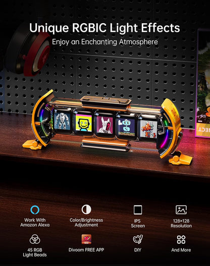 Divoom Times Gate - Cyberpunk Gaming Setup Digital Alarm Clock, Smart APP, WiFi Connect, RGB LED Display, Personalized Financial & Bitcoin Dashboard, Pixel Art for Gaming Room & Office Decor, Silver