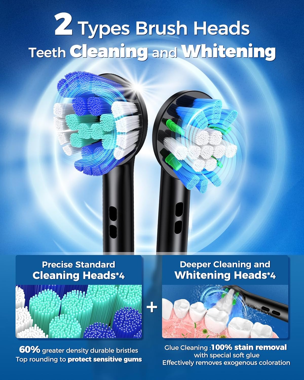 Rotating Electric Toothbrush for Adults with 8 Brush Heads (2 Types), 4 Modes Deep Clean Electric Toothbrush with Rechargeable Power and 2 Min Smart Timer (Black, 2- with travalcase)