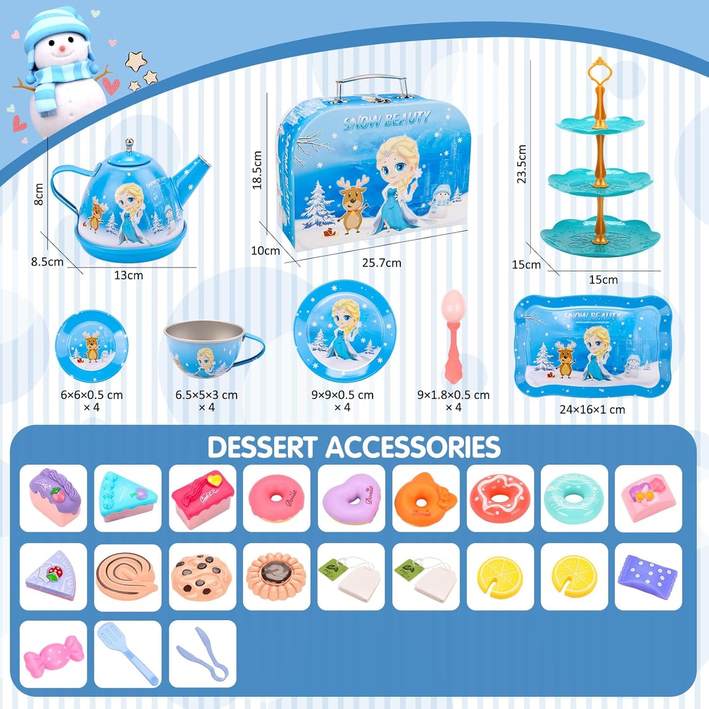 Frozen Tea Party Set for Little Girls/50 Pieces Children's Metal Tea Set with Ice and Snow Carry Case, Little Girls Tea Party Role Play, Tea Set Children's Tea Set with Dessert for Children Girls 3 4 5 6 7 8 Years