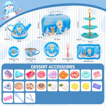 Frozen Tea Party Set for Little Girls/50 Pieces Children's Metal Tea Set with Ice and Snow Carry Case, Little Girls Tea Party Role Play, Tea Set Children's Tea Set with Dessert for Children Girls 3 4 5 6 7 8 Years