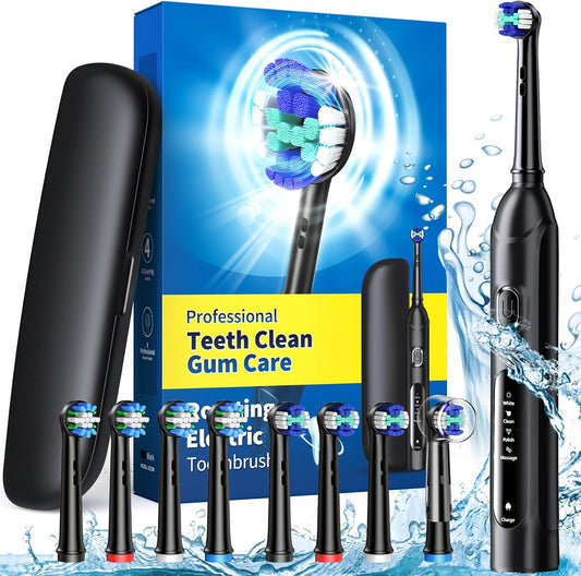 Rotating Electric Toothbrush for Adults with 8 Brush Heads (2 Types), 4 Modes Deep Clean Electric Toothbrush with Rechargeable Power and 2 Min Smart Timer (Black, 2- with travalcase)