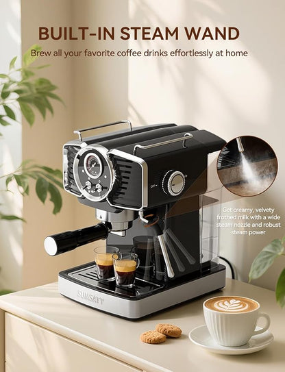 Espresso Machine 20 Bar, Professional Espresso Maker with Milk Frother Steamer Wand, Espresso Coffee Machine Black, Cappuccino & Latte Machine for Home, Retro, 1.8L Removable Water Tank