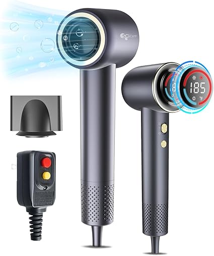 Hair Dryer Blow Dryer 400 Million Negative Ionic Professional Hairdryer 140,000 RPM High Speed Brushless Motor 1400W Low Noise Thermo-Control Fast Drying HD Display Styling Nozzle Lightweight (Space Blue With Grey)