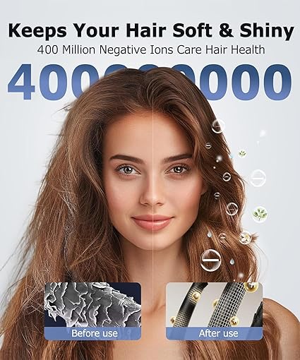 Hair Dryer Blow Dryer 400 Million Negative Ionic Professional Hairdryer 140,000 RPM High Speed Brushless Motor 1400W Low Noise Thermo-Control Fast Drying HD Display Styling Nozzle Lightweight (Space Blue With Grey)